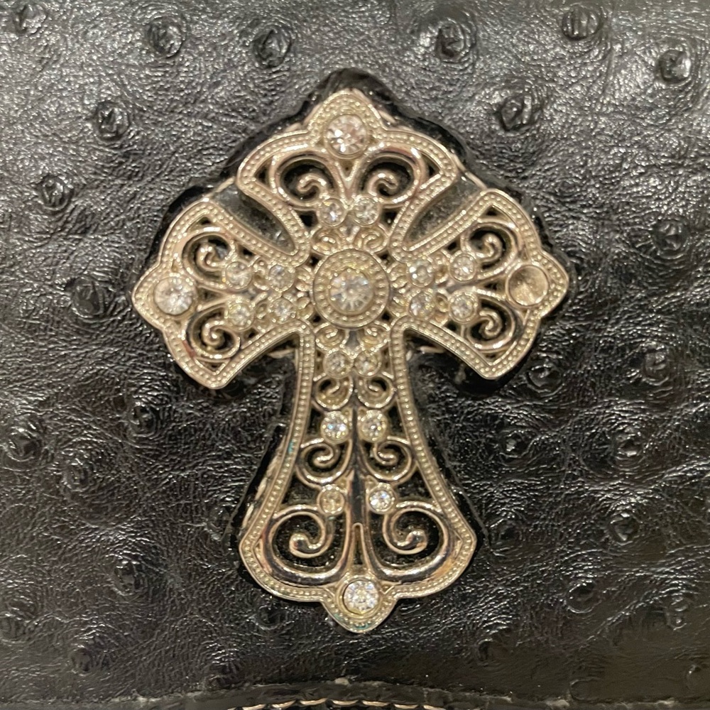 NWOT Ostrich print Rhinestone Silver Cross checkbook wallet
